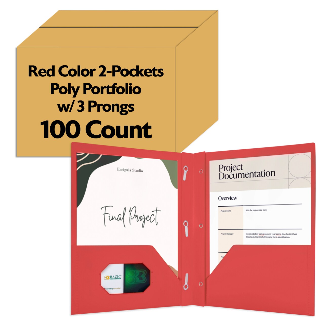 BAZIC Poly 2-Pockets Portfolio - Red Color w/ 3-Prong Fastener